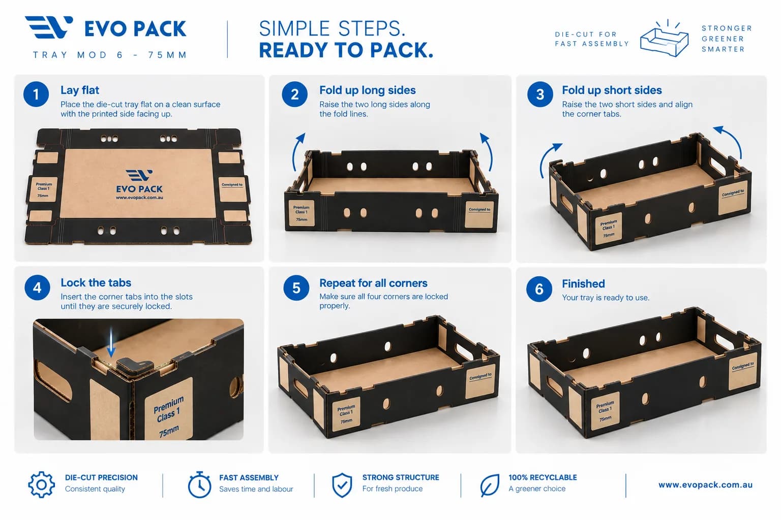 Tray Mod 6 assembly guide: lay flat, fold up long sides, fold up short sides, lock the tabs, repeat for all corners, finished.