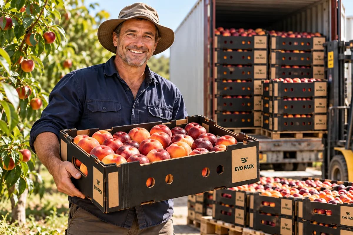 Grower holding an EVO PACK Mod 6 tray of peaches and nectarines beside a loaded truck