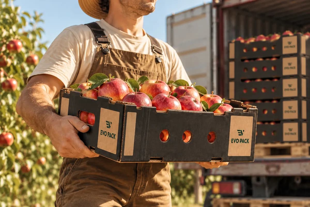 Ventilated EVO PACK Mod 6 corrugated tray filled with fresh fruit in an orchard