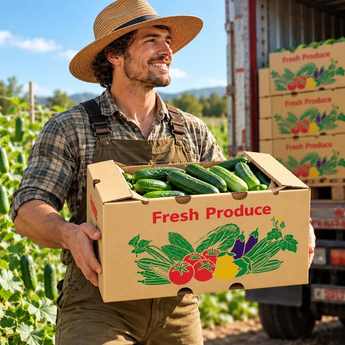 Grower carrying a 10kg EVO PACK Fresh Produce carton of cucumbers