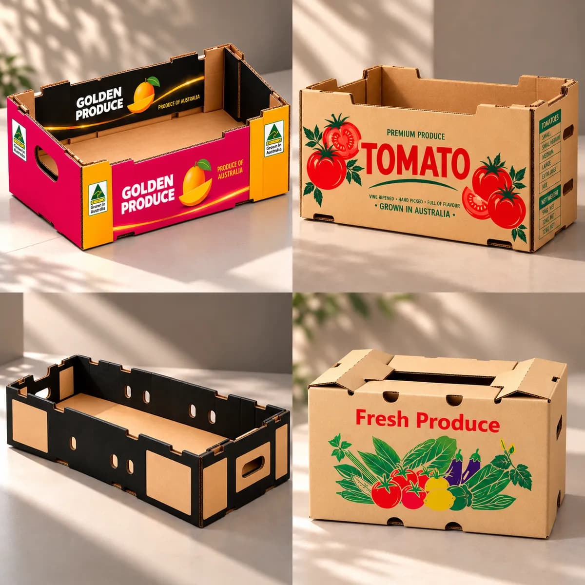 Range of EVO PACK printed and plain corrugated produce trays for berries
