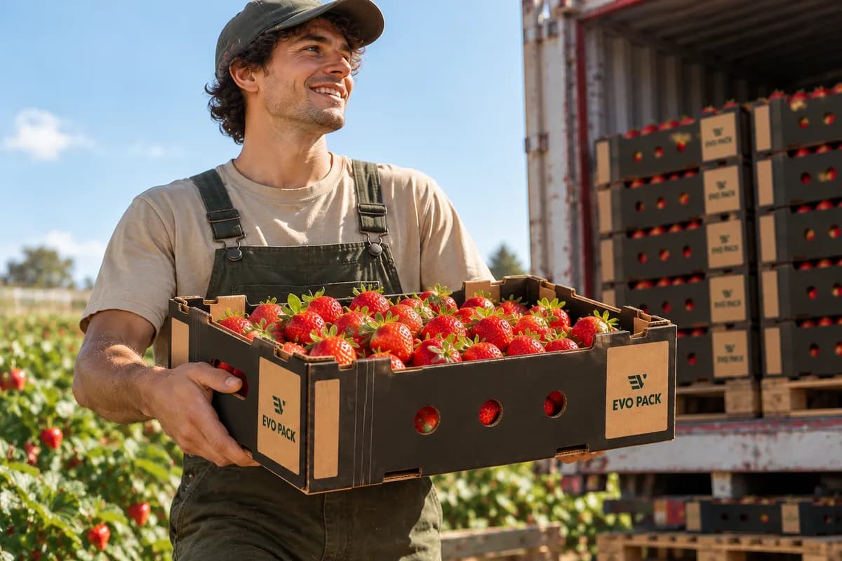 Grower carrying an EVO PACK Mod 6 tray of fresh strawberries